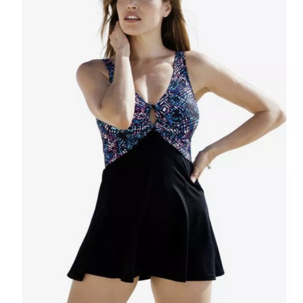 Ellos Women’s Swimdress Keyhole Front Black Multi Size 18 One Piece